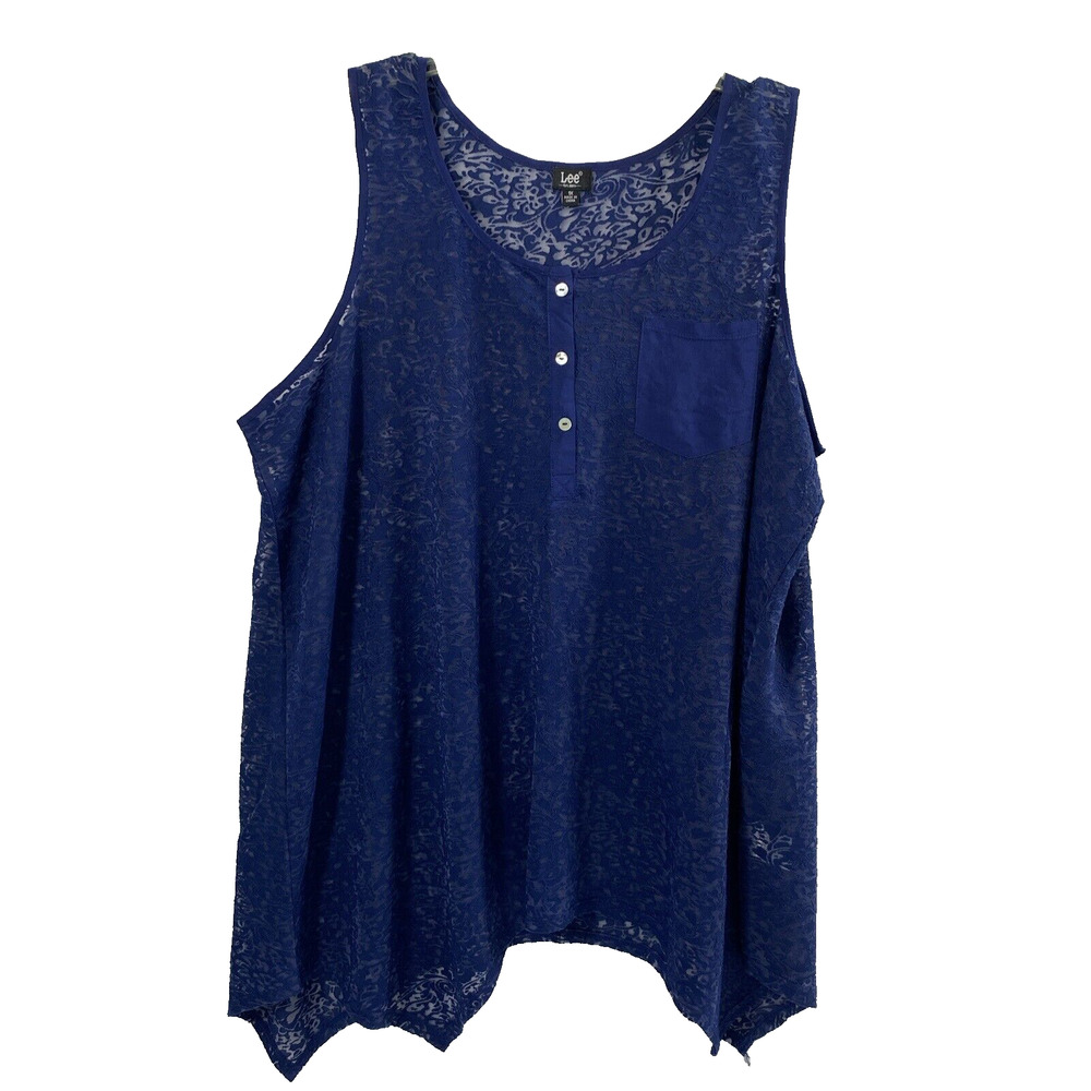 Lee Top Womens Plus Size 1X Blue Sheer Asymmetrical‎ Hem Boho Summer Blouse